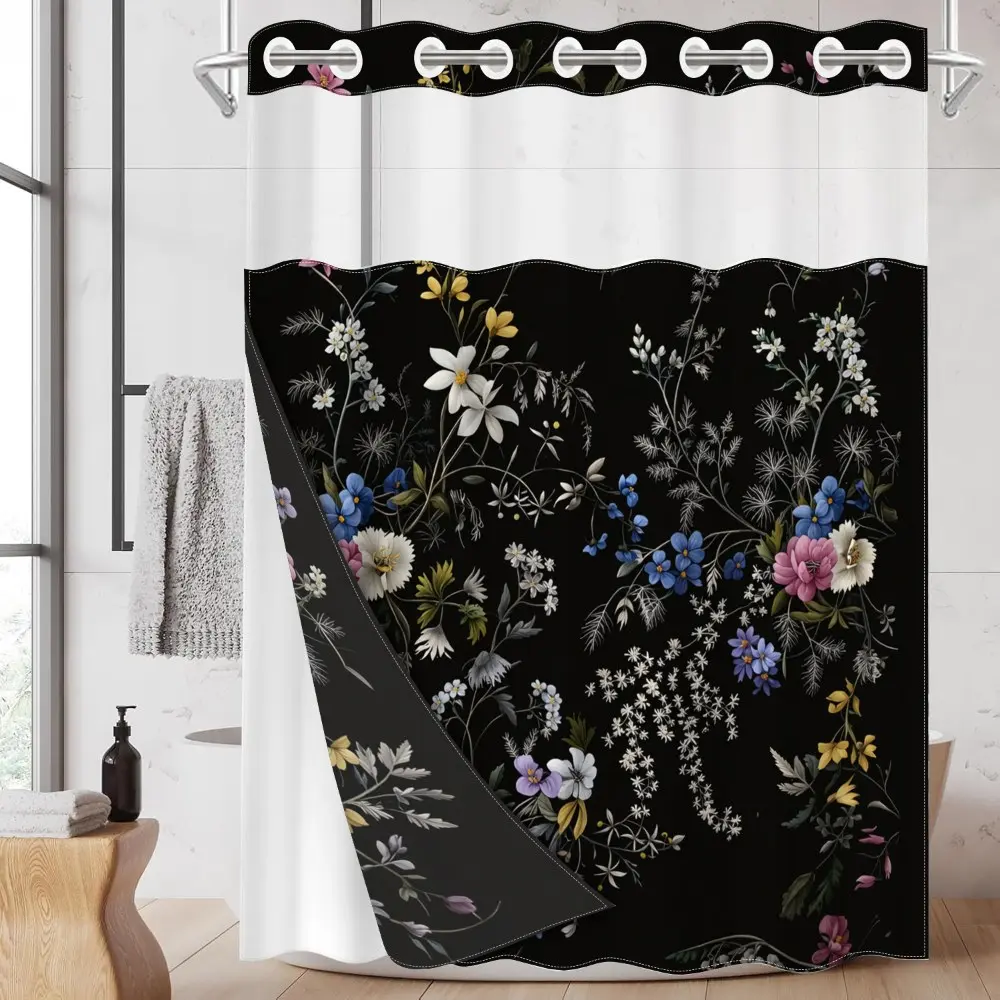 1pc hookless shower curtain with buckle lining, spring black background with colorful floral patchwork design, 2D flat printing, waterproof lining, see-through double-layer, 71 x 74 inches, home curtain, Bathroom curtain, Bathroom Curtains Shower