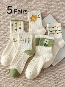 Women's Floral Print Linen Pattern Knee-High Socks, Spring & Fall Garden Style Sweet Girl Long Socks, Soft Comfortable Breathable Daily Casual Wear, Embossed Floral Socks