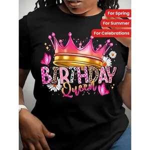 Women's "Birthday Queen" Graphic T-Shirt - Casual Crew Neck, Short Sleeve Top with Glittery Crown Design, Comfortable Polyester Blend, Perfect for Spring & Summer Celebrations, Casual Summer Top |                 Vibrant Print Shirt |                 Micr