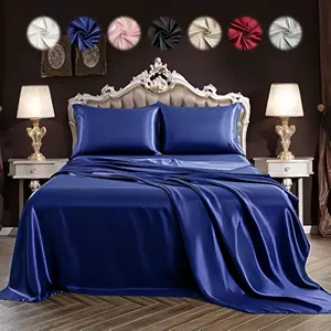 4 Counts Solid Color Satin Bedding Set, Luxury Bedroom Silky Bedding Sheets Includes 1 Flat Sheet, 1 Fitted Sheet, and 2 Pillowcase without Filler, Room Accessories Soft Mattress Protector, Twin, Double, Full, Queen, King, Comfy Bed Sets