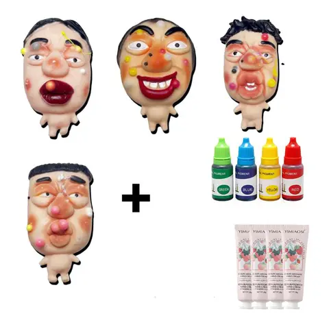 Pimple Popping Squishy Fidget Toy - 4-pack Gross But Satisfying Faces, Fast-Rebound Silicone, Non-Toxic Red Dye, Durable DIY Pus Refill Kit, Anxiety Relief, Kids & Adult Fidget Fun, Office Desk Toys, White Elephant Gift