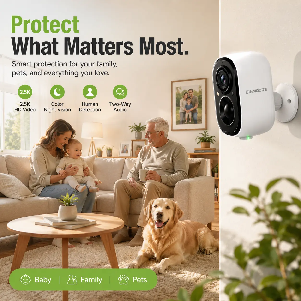 CINMOORE Wireless High-Resolution Security Camera & System, 2.5K HD Family Baby Monitoring Device, Magnetic Motion Detection, Color Night Vision, 2-Way Audio