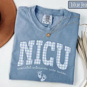 NICU Comfort Colors Tshirt • NICU Nurse Work Tee • Neonatal Intensive Care Unit Shirt • Neonatal ICU Rn Blue Gingham Tee • Nicu Nurse Gift