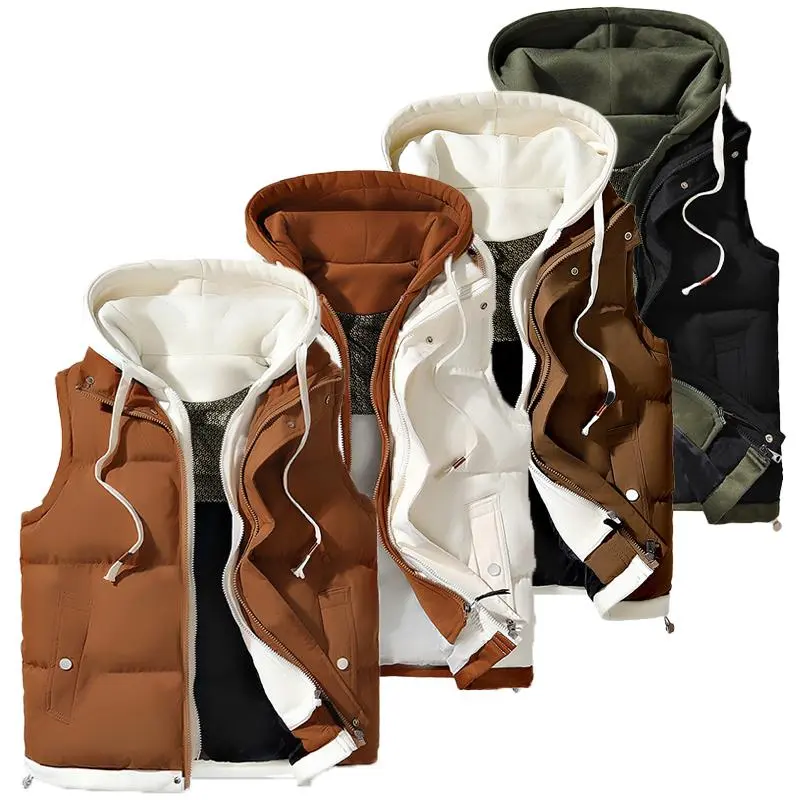 Autumn And Winter Couple Hooded Warm Vest, Fashionable Fake Two-Piece Design, Warm Polyester Fiber, Machine Washable, Winter Warmth, Outdoor Casual, Thickened, Couples, Jacket