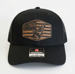 Deer American Flag Hat – Leather Patch Snapback Hat, Trucker Cap, Buck Antlers Hunting Hat, Patriotic Outdoors Hat, Viral Gift For Him, Hunter Style Cap