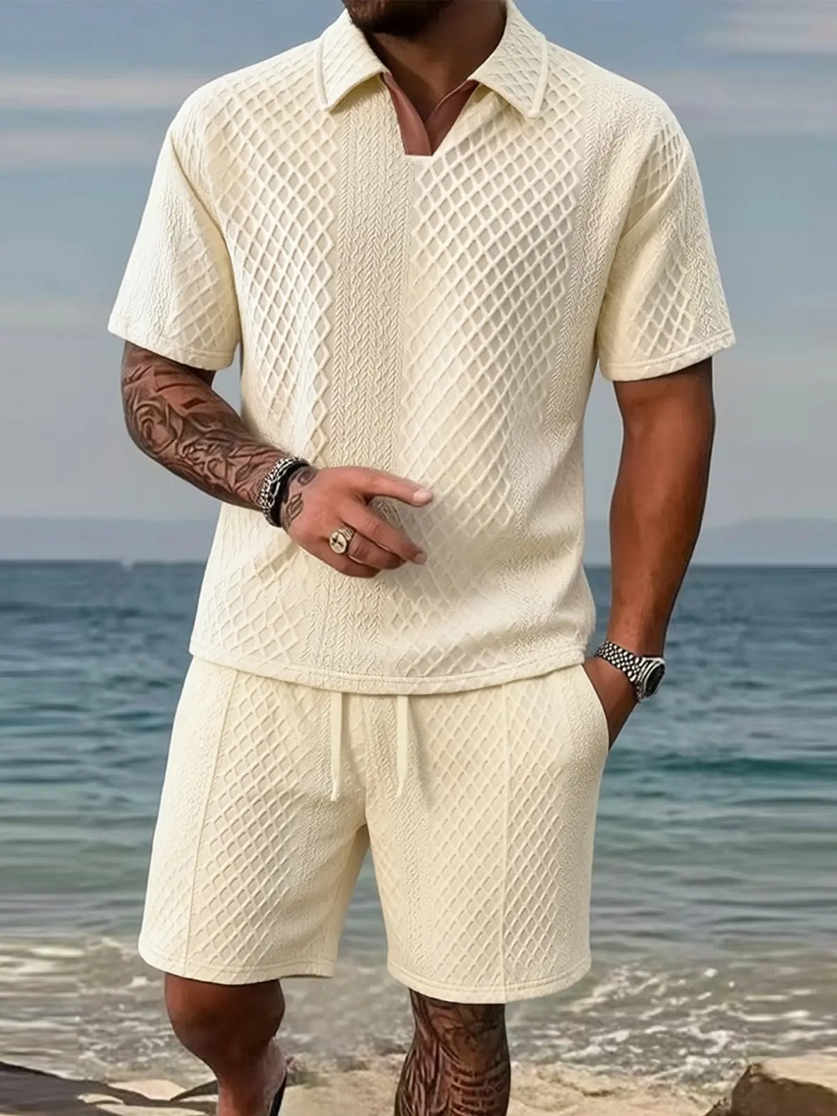 Men’s two-piece waffle-texture polo set for summer: V-neck short-sleeve top paired with drawstring shorts; coordinated casual outfit suitable for beach vacations, everyday wear, dates, nightclubs, and resort destinations—fashionable apparel. athleisure Be