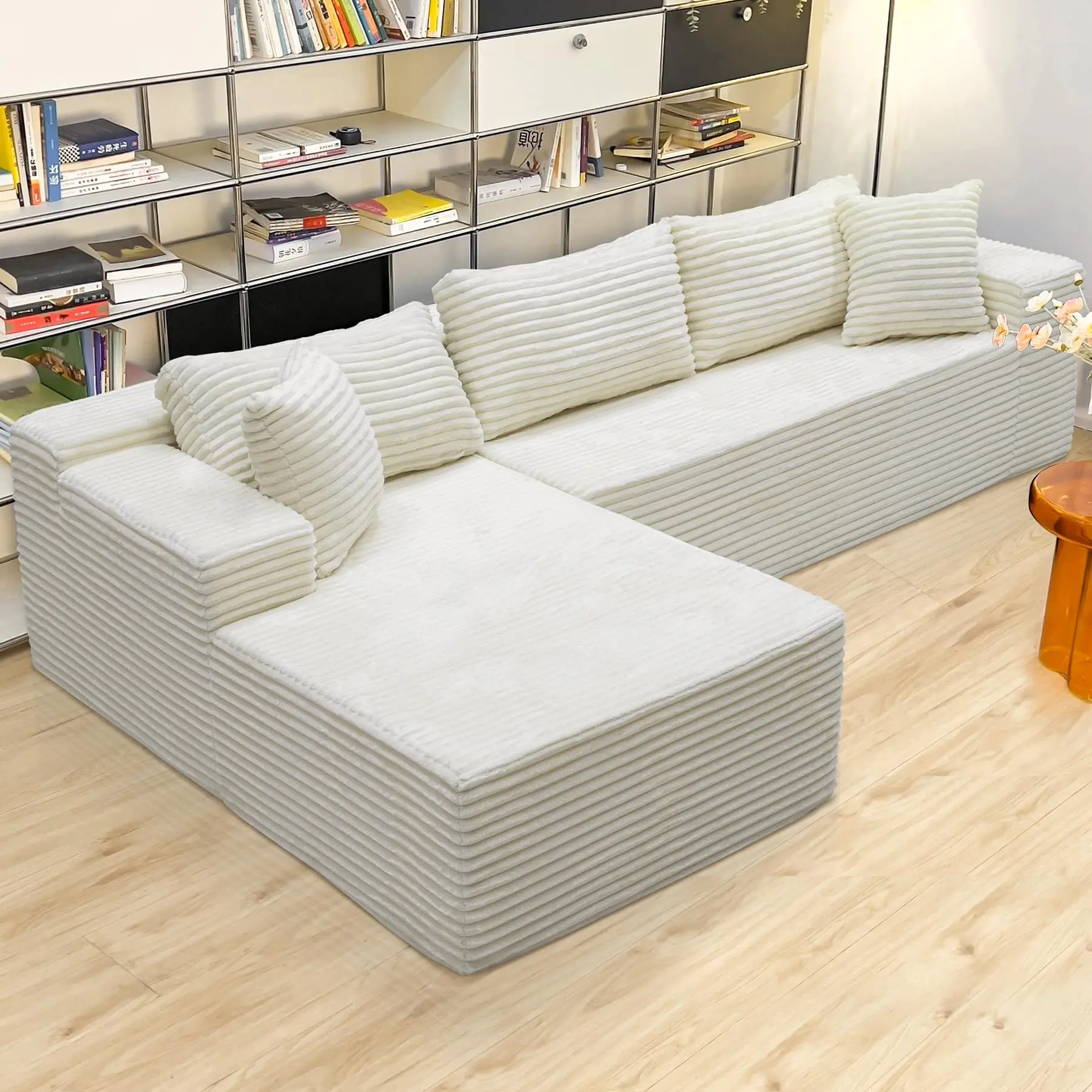【2 Packages Shipping】104 inches comfortable fluffy L-shaped white sofa, suitable for living room, bedroom, deep seat memory foam plush corduroy boneless sofa section sofa, no assembly required, convenient and comfortable（White)）#TikTokShopDealsforYouDays