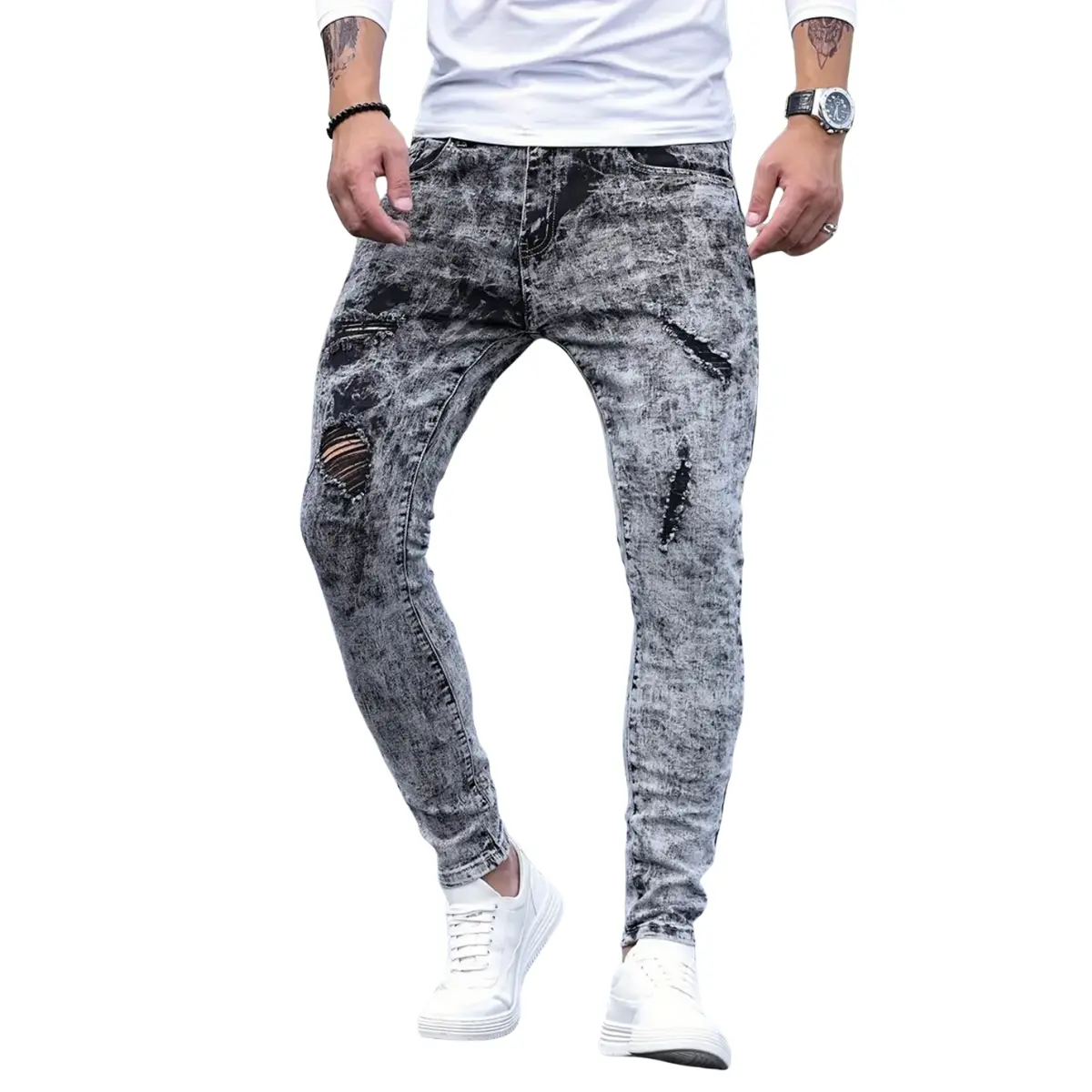 Damage skinny jeans: distressed ripped details for trendy urban & daily outfits