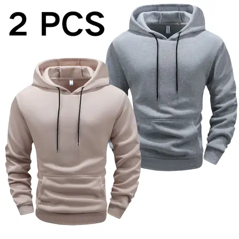 Men's Beige Jersey Spandex Hooded Sweatshirt - Plain, Simple Fashion, Long Sleeve, Loose Fit, Casual Sports Pullover, Sporty Chic, Versatile Menswear Top