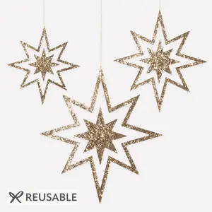 Large Glitter Wooden Star Decorations (x 3)