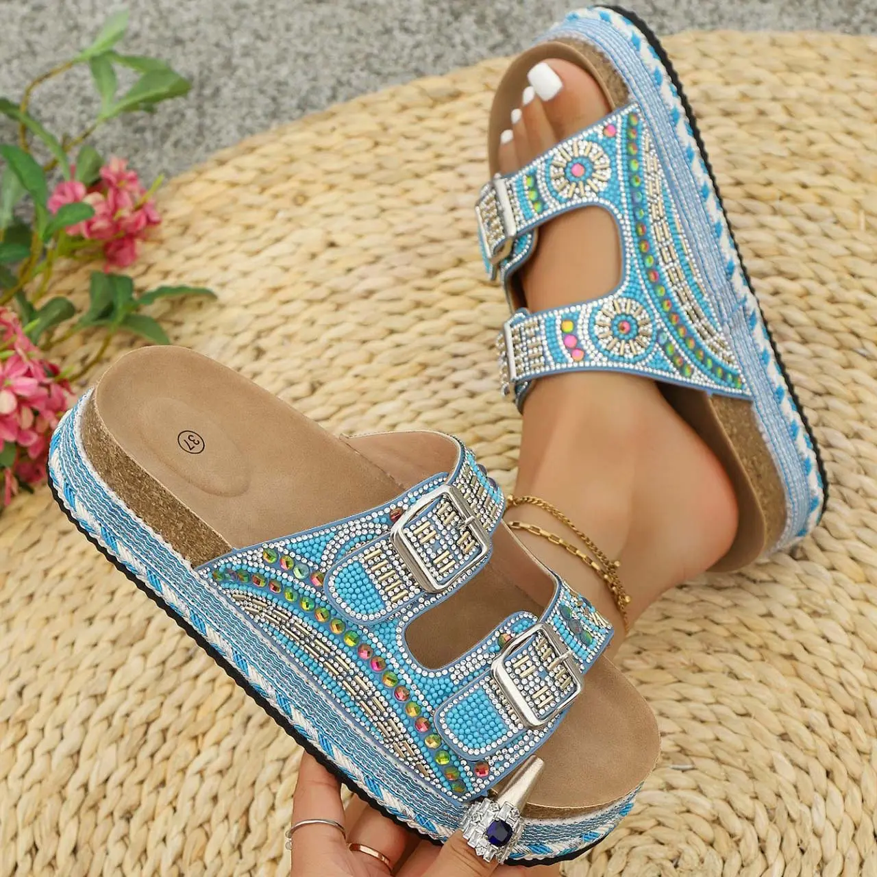 Women Arch Support Cork Slides Soft Cushioned Flat Sandals Summer Outdoor Beach Walking Comfortable Shoes