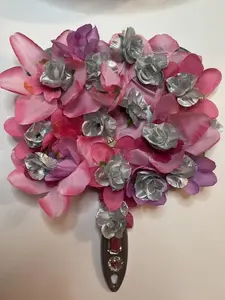 Custom Made Mirror #104 Pink & Silver Floral Design with Decorative Handle for Home Decor that can be used for everyday use or as a table center piece in a bedroom or home. Clear Reflection Versatile Use Sleek Design Enhances Any Room Classy and Elegant.
