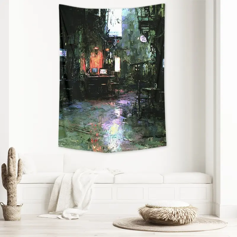 Psychedelic Rainy Street Oil Painting Tapestry, Cool Stuff for Your Room Dorm, Funny Tapestry and Flags for College Dorm Room, Teen Boy Room Decor for Guys, Youth Poster Tapestry, 79×58 Inches for Teen Boys