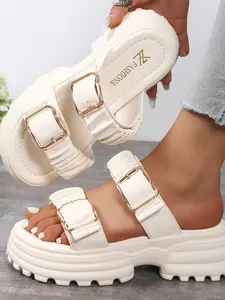 Women's Fashionable Solid Color Platform Sandals, Elevated Sandals, Casual Comfortable Versatile Slide Sandals for Beach, Outdoor, Daily Wear, Walking Shoes, PU Leather Slides