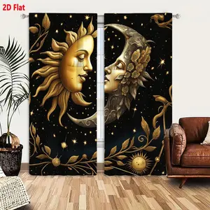 2D Flat Ramadan Decor Curtain 2-Piece Set, Golden Sun & Silver Moon with Human Faces, Starry Night Sky Background, Ornate Floral Vines & Berries, Whimsical Dreamlike Celestial Theme for Home Window Decoration