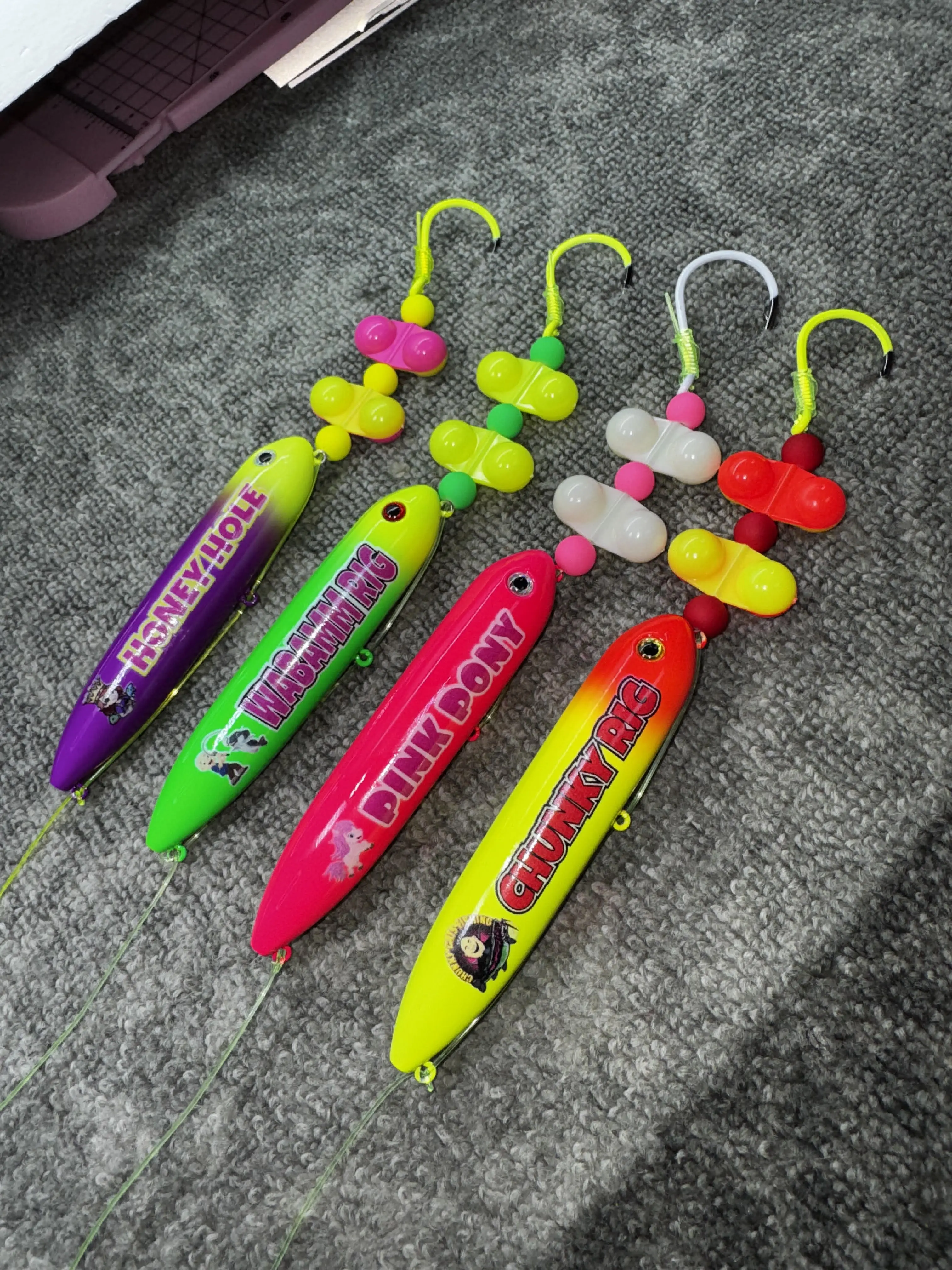 The Littles 4 Pack (11cm): Pink Pony, Chunky, Honey Hole, and Wabamm Rigs on 4/0 and 6/0 Hooks and 80 pound mono leader lines
