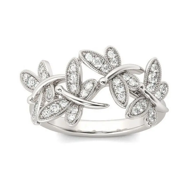 Sparkling Pavé CZ Butterfly Dragonfly Ring |   14K White Gold Plated |   Vine Leaf Statement Band for Everyday & Gifting