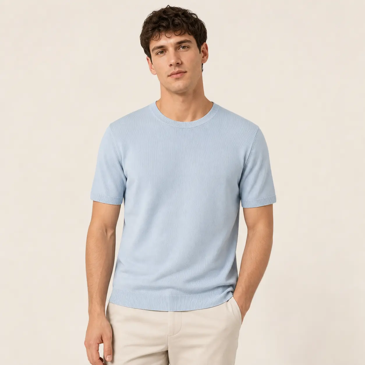 mbnl-f Men's Fine-Gauge Lyocell-Blend Knit T-Shirt, Classic Slim Fit Plain Short Sleeve Crew Neck for Casual Wear, Tshirt, Shortsleeve, Cotton, Fabric, Round Neck, Textured, Tops, Basic, Menswear