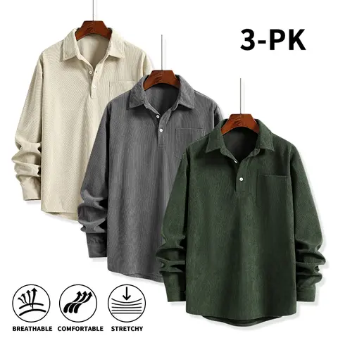 Vintage Corduroy Men's Long Sleeve Shirts, Half Placket Collared Pullover Tops. Stretch, soft breathable loose work shirts with chest pocket. Fall & winter layering essential for daily & outdoor wear. Order one size up for a looser fit.