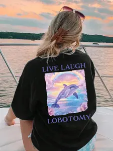 Women's Casual Commuter Loose Round Neck T-Shirt, Healing Dolphin Print, Breathable Soft Fabric, Daily Wear, Simple Fashion Top