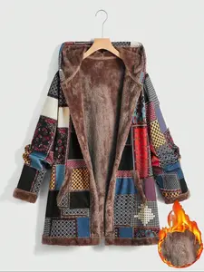 A women's geometric print hooded long-sleeved warm plush coat, casual and versatile