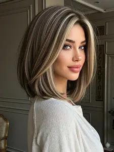 Women's 12-Inch Bobo Head Synthetic Wig, Natural Look, Heat-Resistant, Durable, Short Wigs with Bangs, Straight Hair, All Seasons, Bob Cut Wig