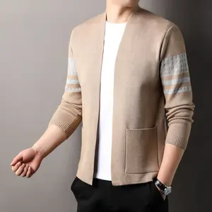 New autumn striped long-sleeved men's sweater jacket, versatile for European and American styles, AliExpress men's knitwear. Tops Casual Menswear Beige Plain Yellow