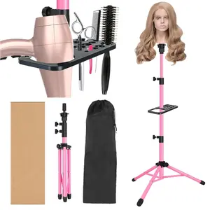 Wig Stand Tripod 50 Inch Metal Wig Mannequin  Tripod Stand For Hairdressing   Adjustable Wig Tripod Stand with Tool Tray (Pink, Mannequin  Not Included)
