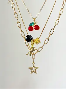 3pcs Leopard & Cherry Necklace Set, 8-Ball Billiard Dice Charm Necklace, Dice Pendant Necklace, Red Cherry Necklace, Fashionable Star Necklace, Classic Leopard Pattern Necklace, Zinc Alloy Necklace，Suitable for daily wear