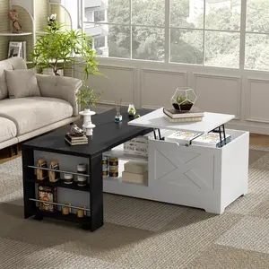 Modern Rotating Lift-Top Coffee Table - Living Room Table with Built-In Outlet, Silent Pneumatic System, Abundant Storage, Anti-Wobble Space-Saving Expandable Design, White + Black, Living Room Tables
