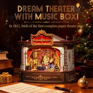 3D Wooden Puzzle Music Box DIY Animal Carnival Theater Kit with LED Light, 413 Pcs Rotating Miniature House Craft Set for Adults, Unique Home Bookshelf Decor, Perfect Birthday & Valentine's Day Gift for Women and Teens