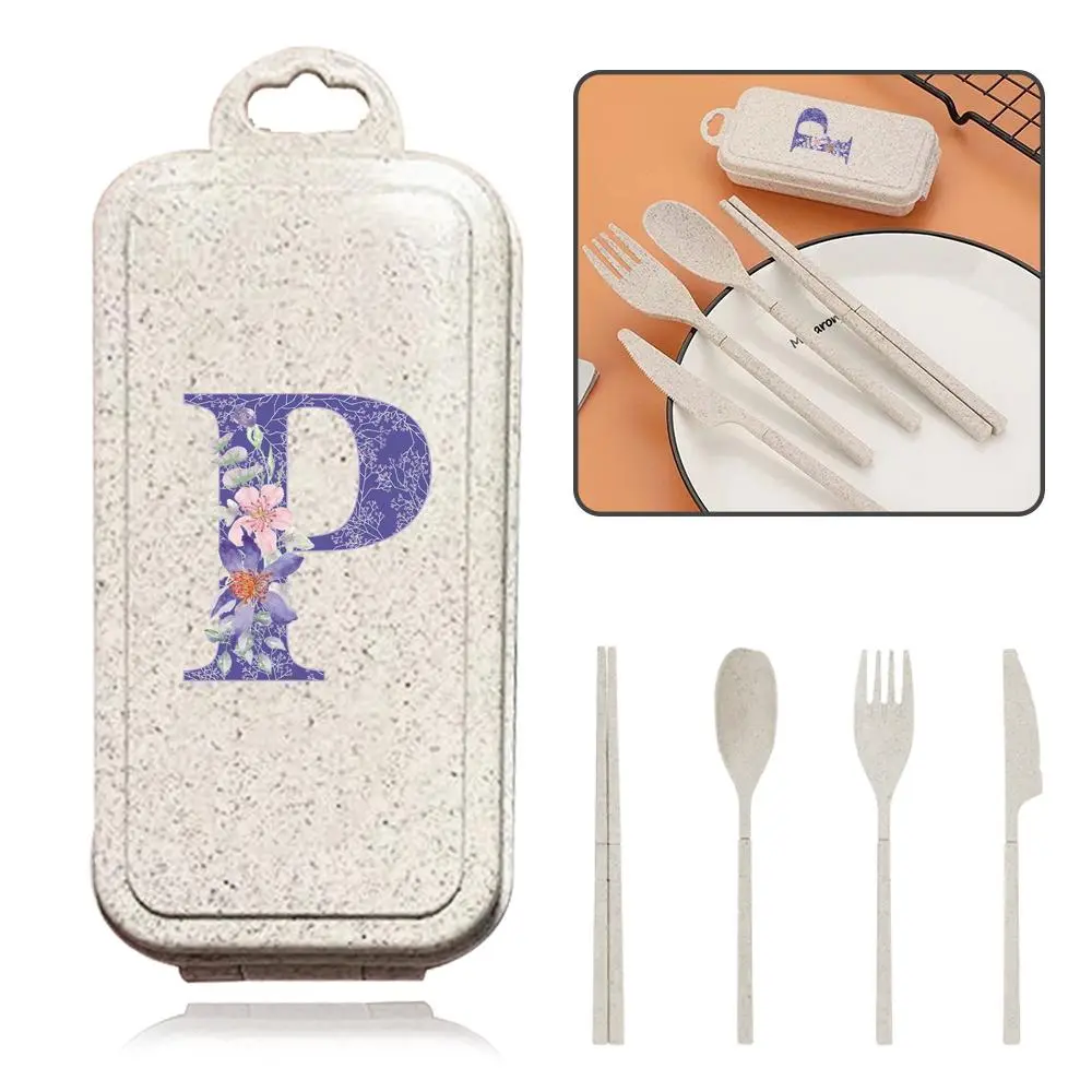 Letter Pattern Cutlery Set with Storage Box, 4 Counts/set Including Fork, Spoon, Knife & Chopsticks, Travel Tableware Kit for Outdoor Dining, Portable Tableware Set