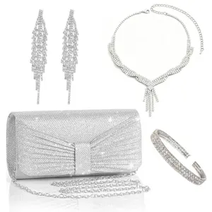 4 Pieces Women Rhinestone Evening Clutch Bag Bling Earring Necklace Bracelet for Wedding Graduation Prom