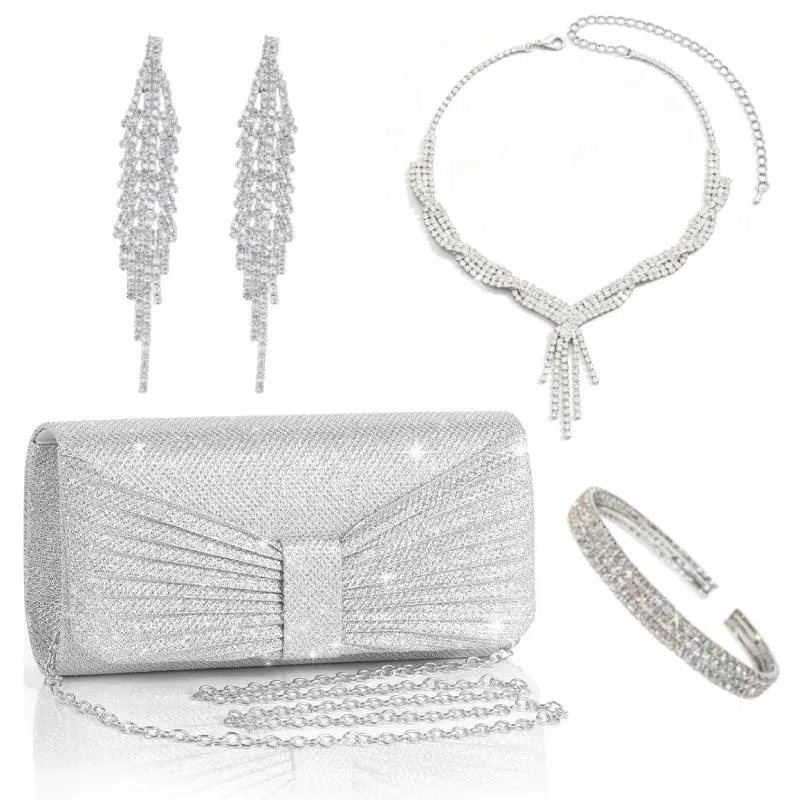 4 Pieces Women Rhinestone Evening Clutch Bag Bling Earring Necklace Bracelet for Wedding Graduation Prom