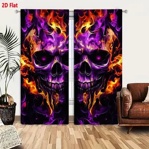 2D Flat  Surreal Purple Orange Skull Flames Smoke Pattern Black Background Symmetrical Design 2-Piece Curtain Set for Bedroom Living Room, Glowing Eyes Fiery Heat Energy Eerie Dark Power Decorative Curtains