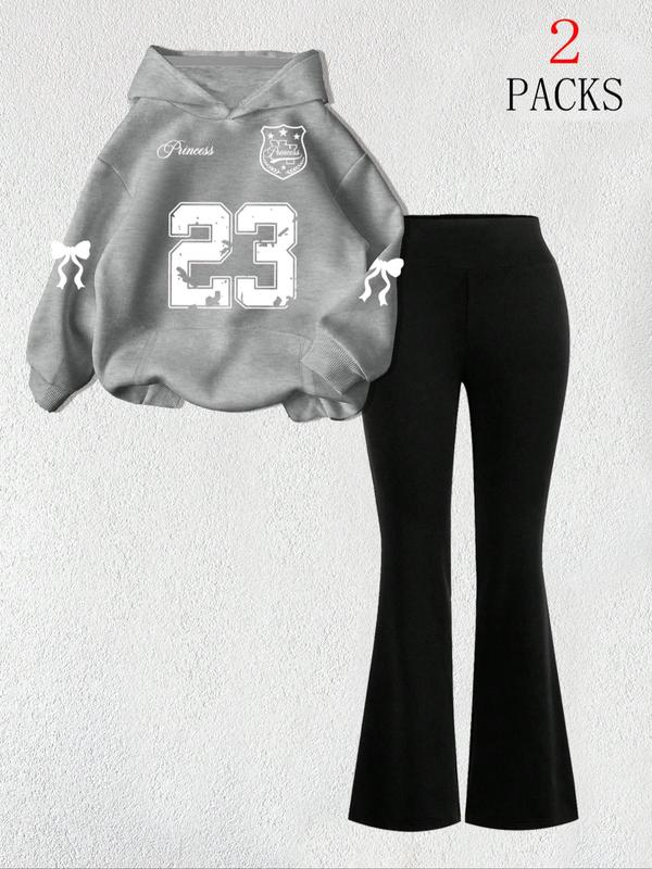 【FREE PERSOMALITY】Women's Warm Sweatshirt Set + Slim Fit Flare Pants, Casual Butterfly Print, Kangaroo Pocket, Fall & Winter