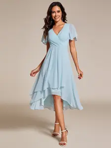 Ever-Pretty Valentine dress Spring Women's High-Low Hem Dress with Flutter Sleeves Surplice V-Neck ,Chiffon for Wedding Guest dress,  Cocktail Party Formal dress,2084,womenswear