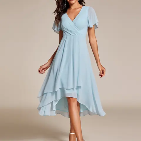 EVER PRETTY Women's Basic Minimalist Short Sleeve V-Neck High-Low Chiffon Dress - Wedding Guest, Cocktail & Bachelorette Party Wear EG02084