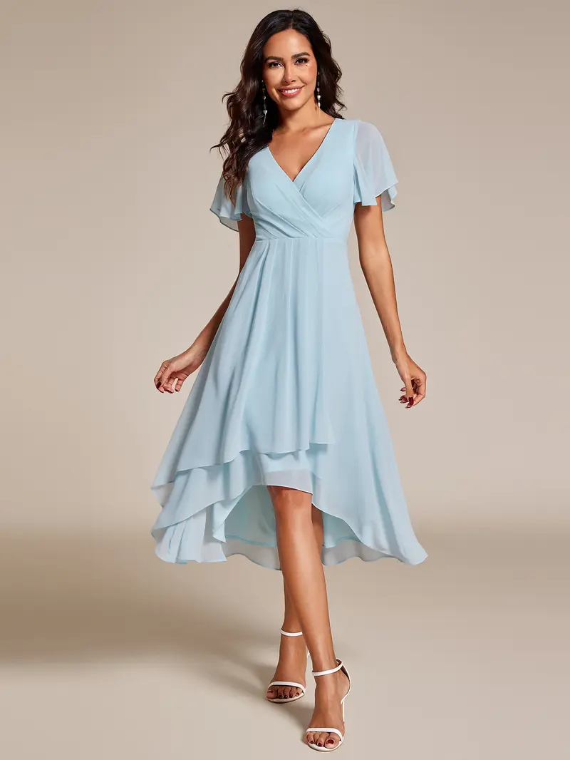 Ever-Pretty Valentine dress Spring Women's High-Low Hem Dress with Flutter Sleeves Surplice V-Neck ,Chiffon for Wedding Guest dress,  Cocktail Party Formal dress,2084,womenswear