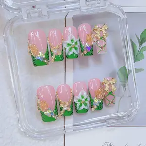 Green Nails Fake Nails, Handmade 3D Flower & Hand Drawn Flower Design And Sparkling Golden Bow And Cross Decor Pipe-Shaped Nails, 10pcs/set Y2K Style Glossy Handmade Press On Nails, For Women & Girls DlY Nail Art, Square Nails. Nail Supplies