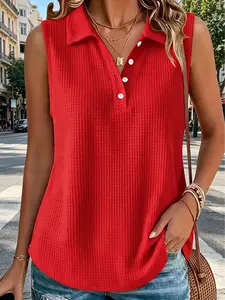 Womens Casual Sleeveless Polo Shirt Waffle Knit V Neck Tank Top Button Placket Loose Fit Summer Blouse Polyester Everyday Office Wear 2026 Trendy Basic Collared Sleeveless Top Comfortable Weekend Outfit Lightweight Work Clothes