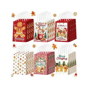 24pcs/12pcs/6pcs Christmas Gingerbread Party Gift Bags - Paper Christmas Treat Bags With Handles, For Christmas Party Decor And Holiday Supplies, Birthday Party, Wedding, Christmas Gifts, Christmas Decorations, Birthday Party, New Year Gift