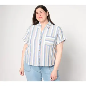 AnyBody Short Sleeve Button Front Linen Blend Camp Shirt