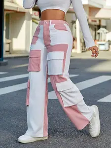 Y2K Streetwear High Waist Contrast Color Flap Pocket Corduroy Cargo Pants Pink Casual Spring