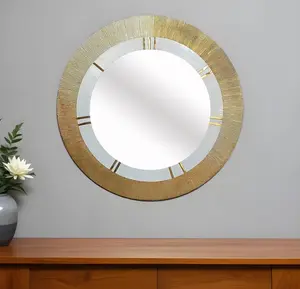 HomeRoots 485062 36 in. Gold & White Round Aluminum Ribbed Edge Framed Accent Mirror