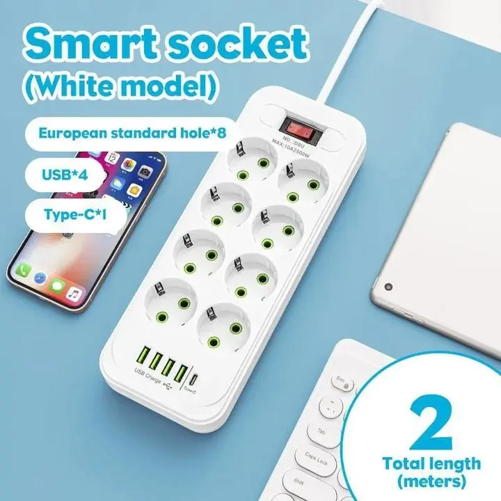 EU 8-Way Power Strip – 8 AC Outlets, 4 USB Ports & 1 Type-C, Surge Protector with Switch & 2M Cord