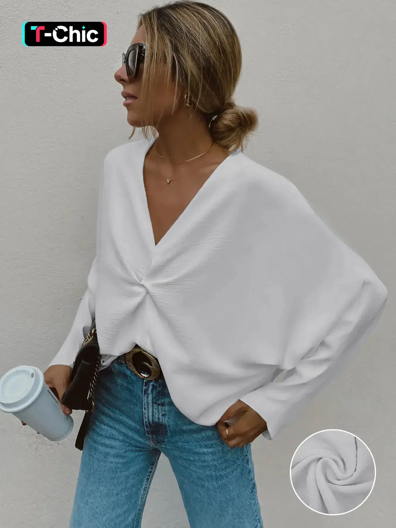 Elegant V-Neck Long Sleeve Top, Loose Fit Casual Design, Perfect for Spring & Fall, Stylish Women's Fashion Tee , Women's T-shirts, wendy and pacsun, divorced mom core trend, pattie gonia merch, betty boop, usa love island, edikted