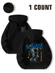 Space Astronaut Letter Print Hoodie, Fall & Winter Half-Zip Pullover, Casual Loose-Fitting Streetwear, Comfortable and Versatile