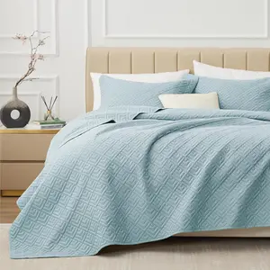Set Full/Queen Size Blue 3 Piece,Lightweight Soft Coverlet Style Squares Pattern Bedspread Set for All Season(1,2 Pillow Shams)