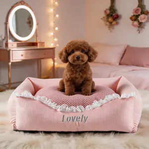 Pink Corduroy Dog Bed with Lace | Aesthetic Pet Bed for Small Dogs